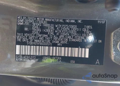 2008 Toyota Sequoia Platinum 5.7L V8 из США, поврежденный, VIN 5TDBY67A18S000570